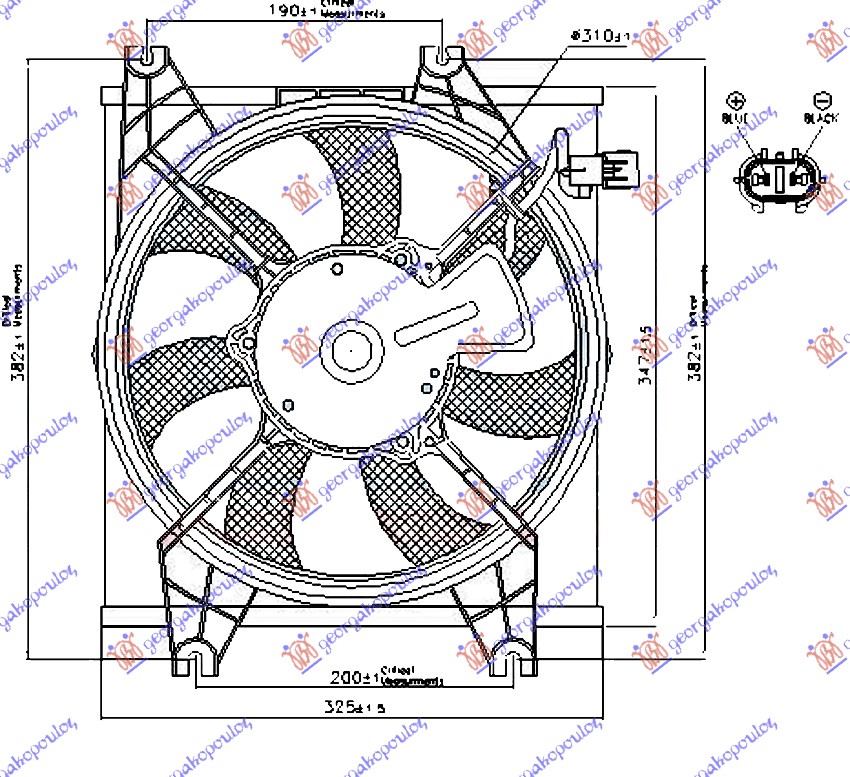 Ventilator klime komplet (BENZIN) (310mm) (2 PIN)
