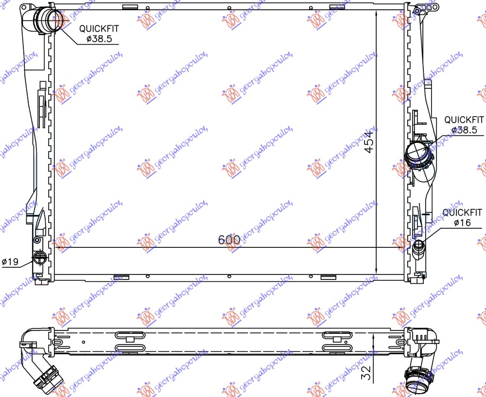 Hladnjak motora za sve modele benzin (MAN/AUTO) (600x460x32) 2 cevi