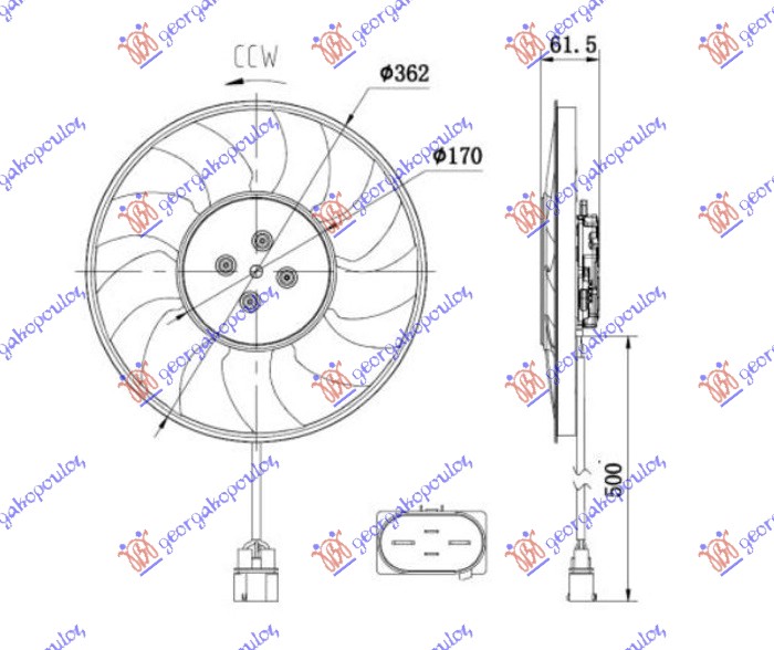 Ventilator (MOTOR+ELISA) (2.0-3.0 TFSI BENZIN - 2.0-3.0 TDI DIZEL) (370mm) (400W) (4 PIN) levo