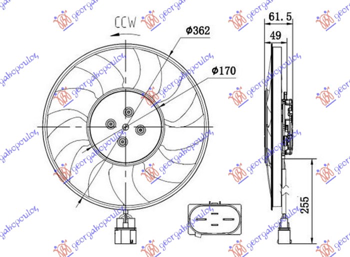 Ventilator (MOTOR+ELISA) (2.0-3.0 TFSI BENZIN - 2.0-3.0 TDI DIZEL) (370mm) (400W) (4 PIN) desno