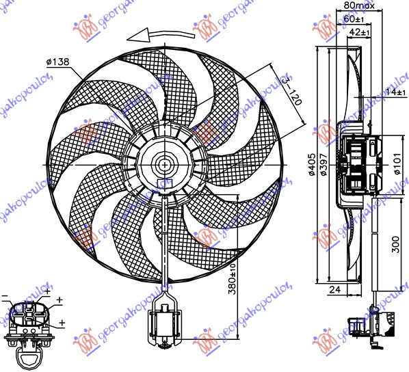 Ventilator (MOTOR+ELISA) (1.4/1.6/1.8 TURBO) (400mm) (4 PIN)