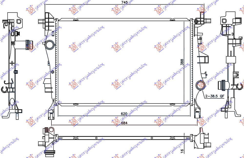 Hladnjak motora 1.4 turbo benzin / 1.3/1.6 mjtd dizel (MAN/AUTO) 2WD/4WD (620x388x16)