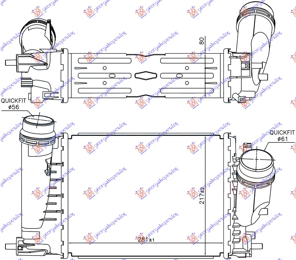 Hladnjak interkulera 1.6-1.8 tce benzin - 1.6 dci dizel auto (281x217x80)